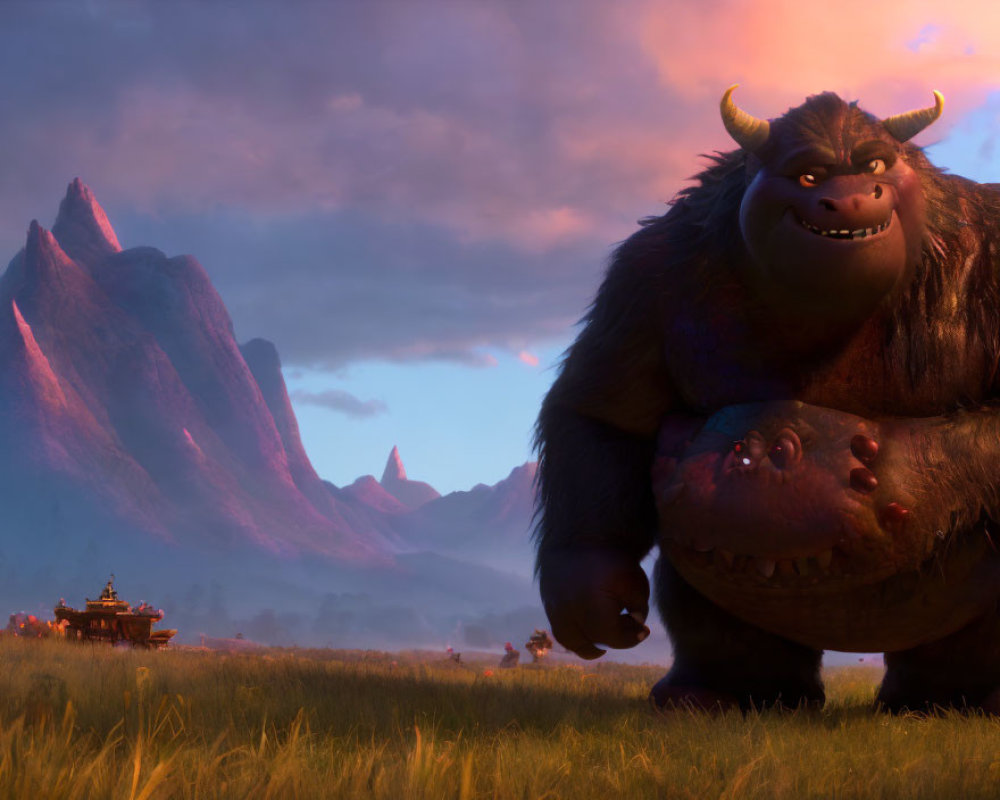 Animated monster with horns smiling in scenic dusk landscape