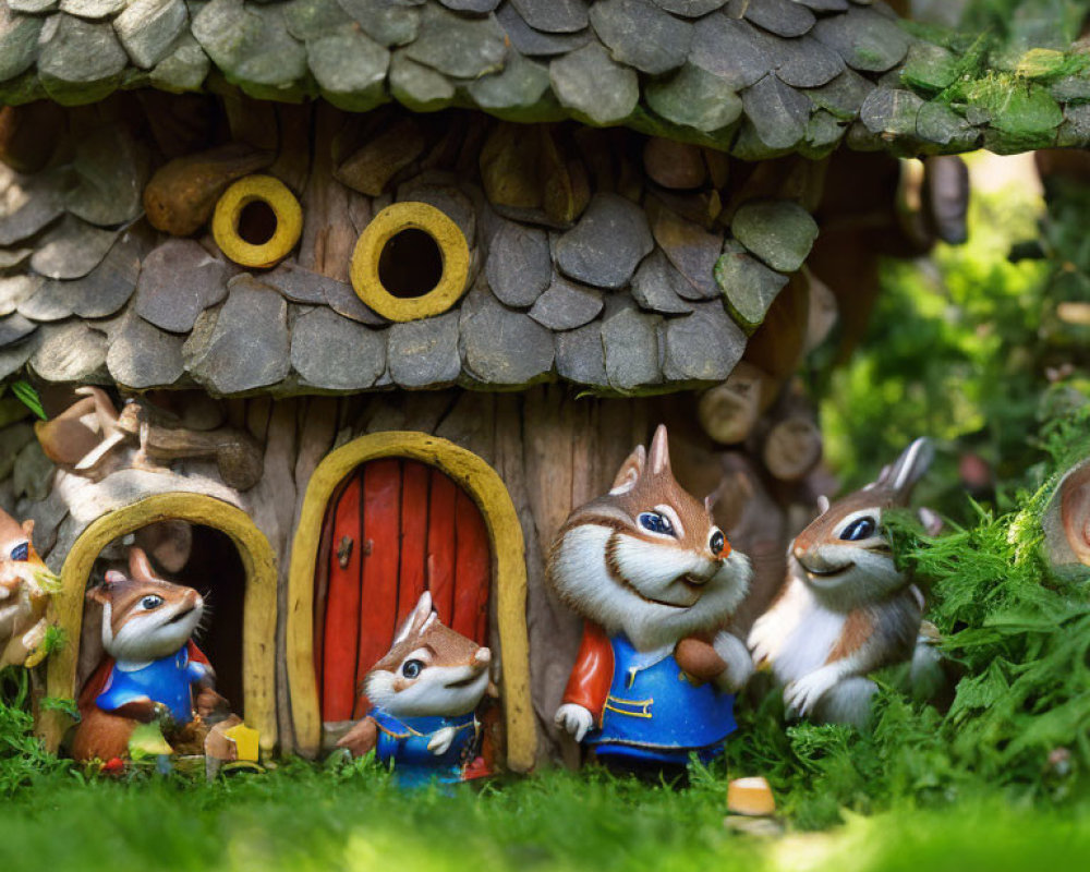 Cartoon-like squirrel figurines in clothes by fantasy mushroom house.