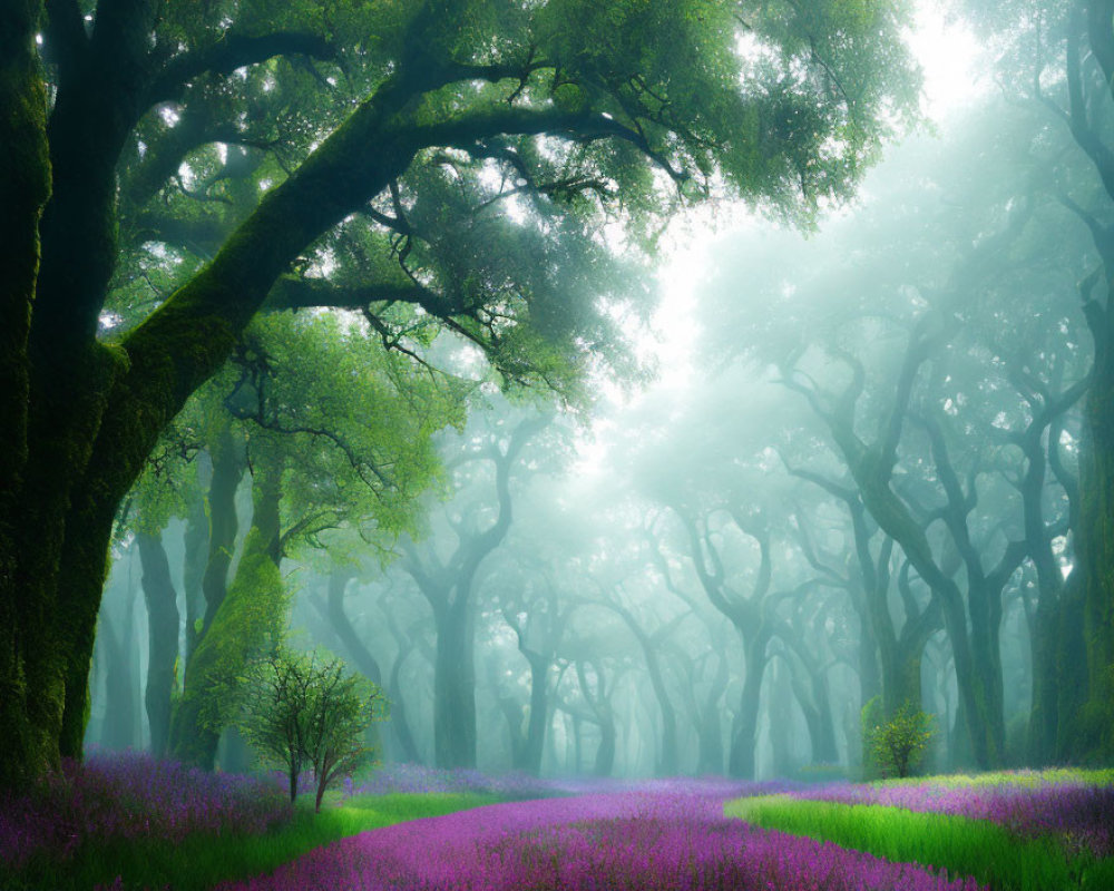 Misty forest with sunlight, purple wildflowers, ancient trees