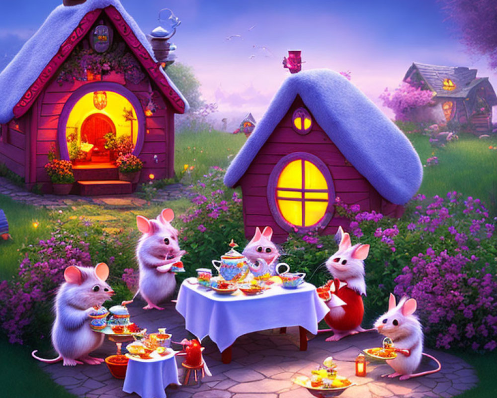 Five mice at tea party in lush garden with cottages