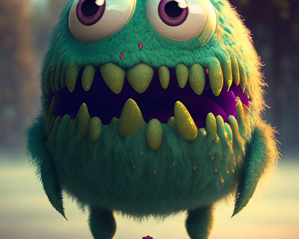 Colorful Furry Monster with Large Eyes and Horns in Clown-like Shoes