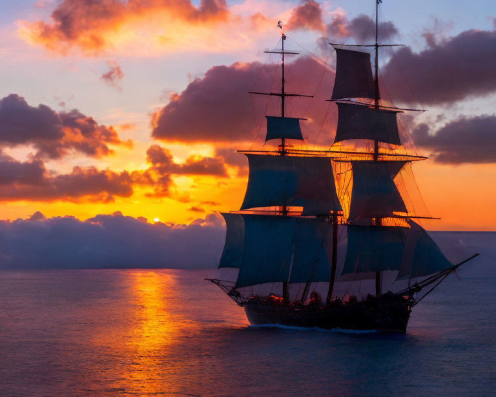 Sailing Ship at Sea Sunset with Orange Clouds
