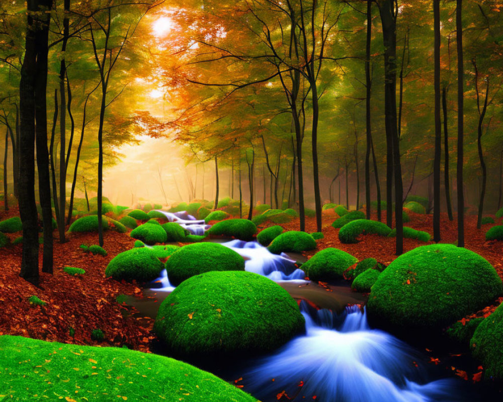 Tranquil Autumn Forest with Stream and Misty Trees