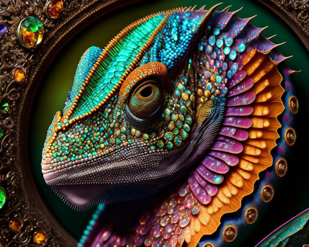 Colorful Chameleon with Frilled Neck in Gem-Studded Oval Frame