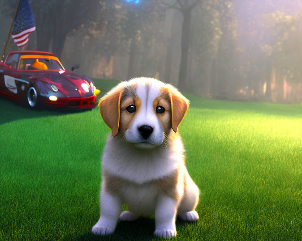 Cute puppy on grass with forest, American flag car, and blue orb