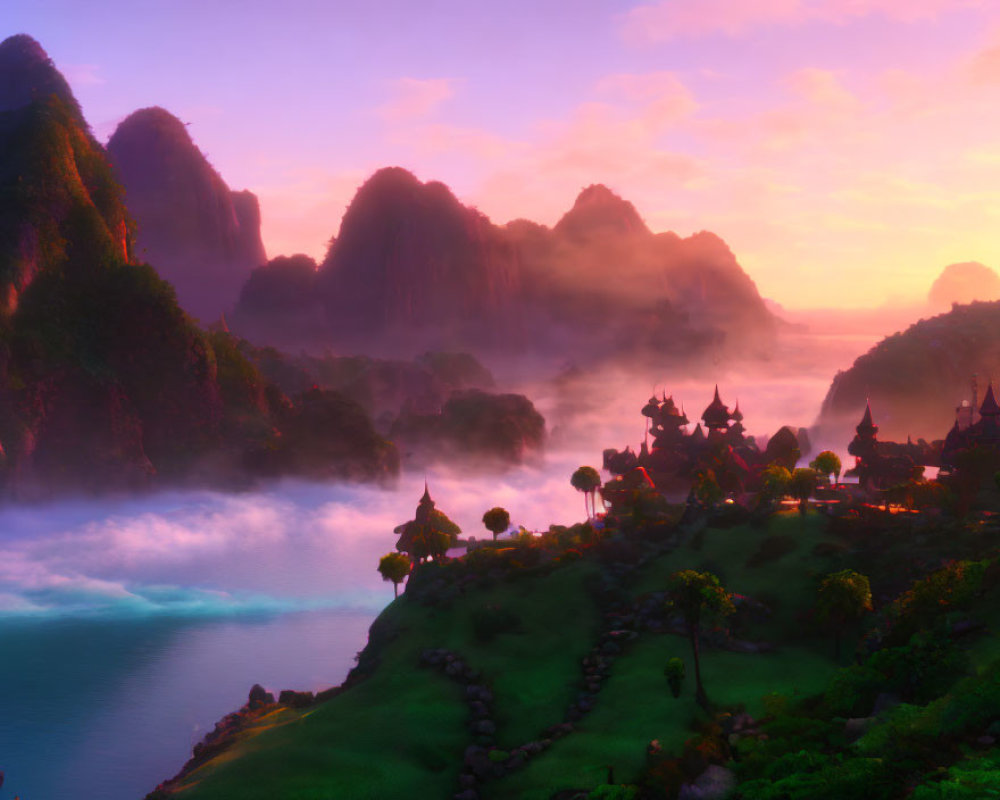 Tranquil fantasy landscape with misty mountains and pagoda-style structures