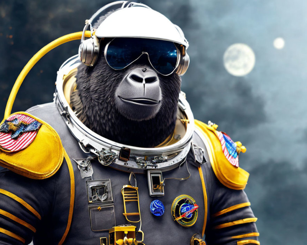 Gorilla in astronaut suit with sunglasses in space scene