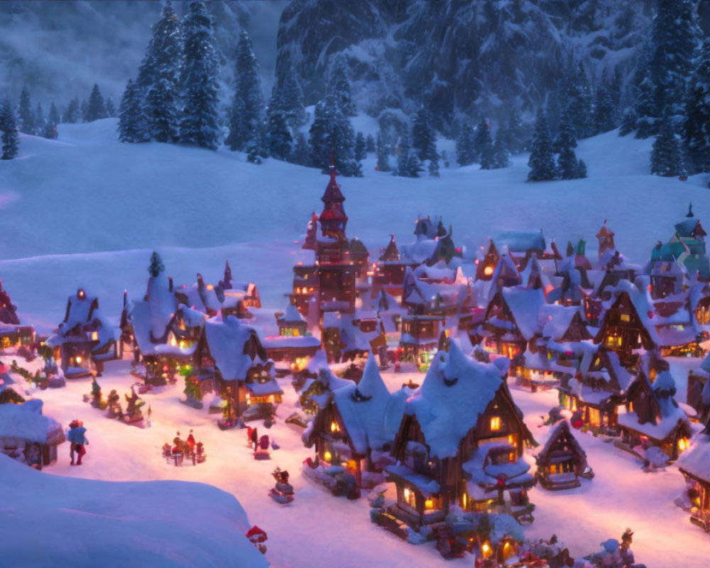 Snow-covered village in wintry forest with glowing lights