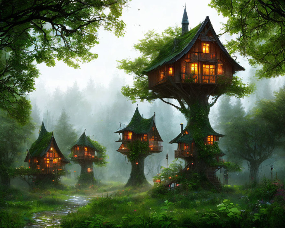 Mystical Forest Treehouses with Glowing Windows
