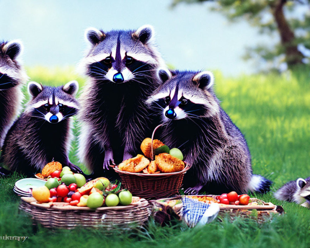 Five raccoons at picnic setup with food in green grass under clear sky