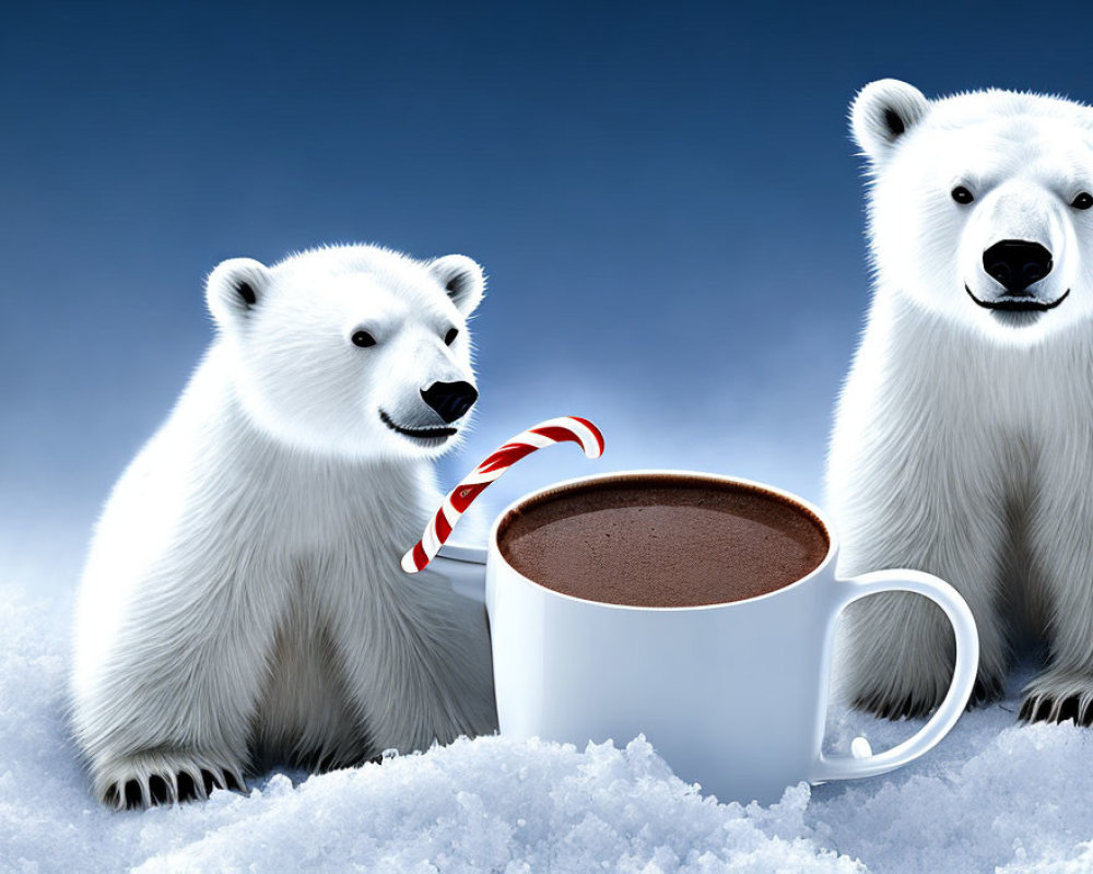 Polar Bears with Hot Chocolate and Candy Cane in Snowy Scene