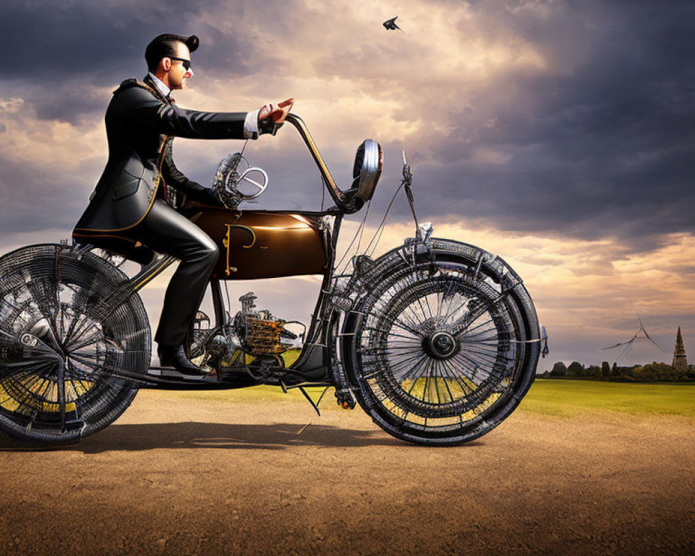 Man in suit rides stylized penny-farthing bicycle under dramatic sky