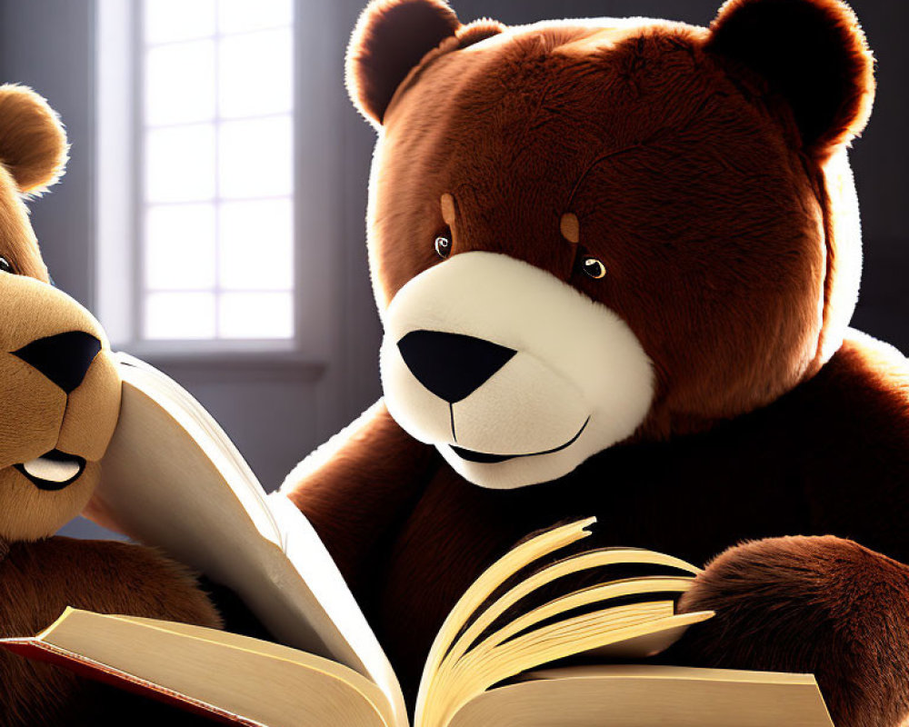 Animated teddy bears reading book in sunny room