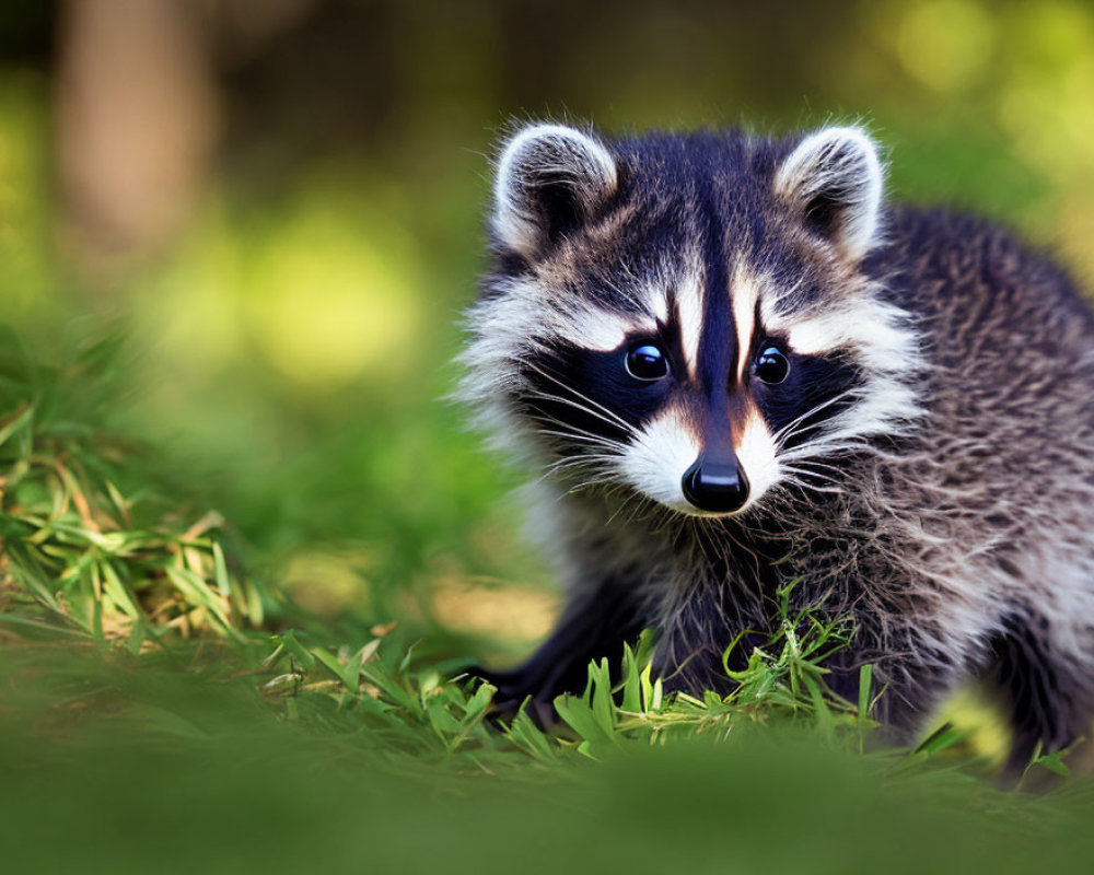 Curious young raccoon in lush green grass under sunlight