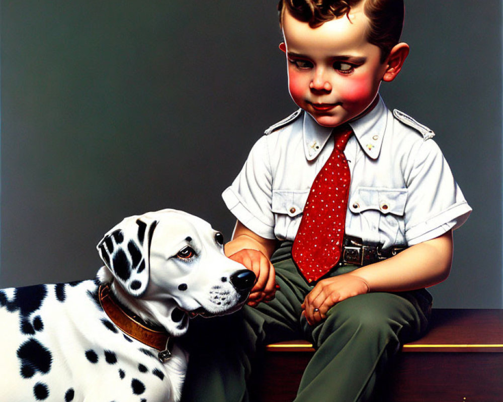 Vintage-style painting of young boy with red tie and Dalmatian dog.