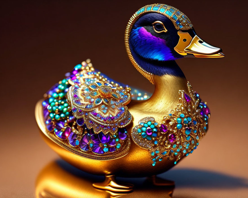 Golden Duck Figurine with Blue and Purple Jewels on Brown Background