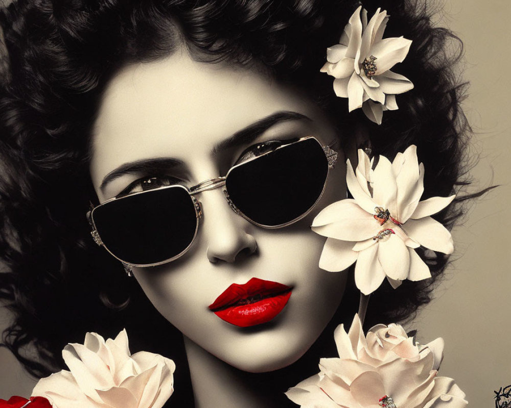 Monochromatic portrait of woman with curly hair, sunglasses, red lipstick, white flowers, ladybug