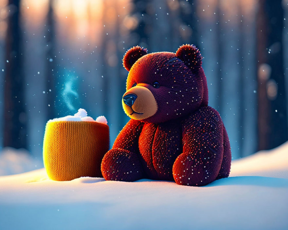 Plush Teddy Bear and Yellow Cup in Snowy Twilight Forest