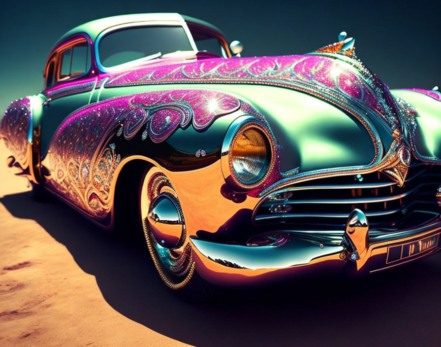 Vintage Car with Purple and Turquoise Paint Job and Intricate Patterns