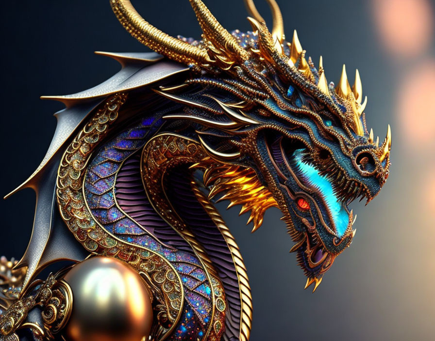 Detailed Metallic Dragon with Glowing Blue Eyes and Golden Horns