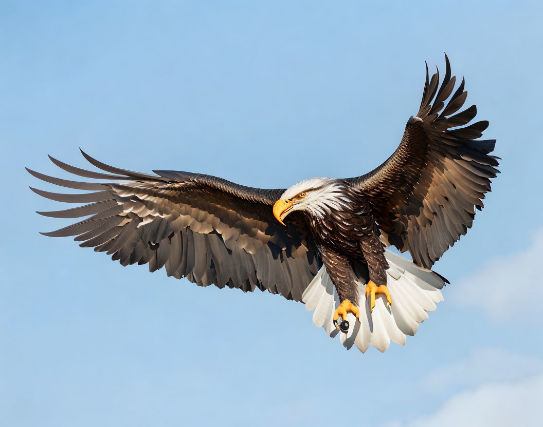 Majestic bald eagle soaring with outstretched wings in clear blue sky