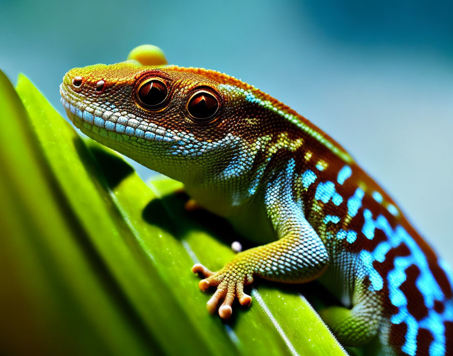 Colorful Gecko with Red Eyes and Blue Patterned Skin on Green Leaf against Blue Background
