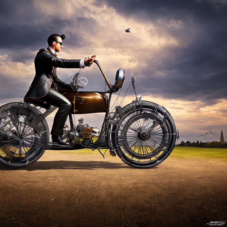Man in suit rides stylized penny-farthing bicycle under dramatic sky