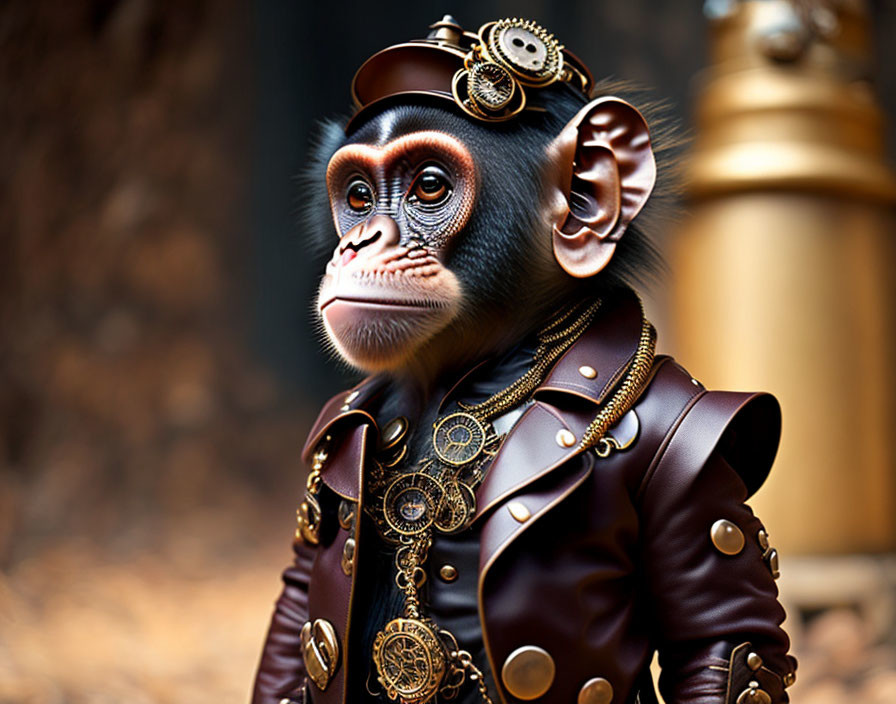 Steampunk-themed monkey with goggles and mechanical attire on blurred background