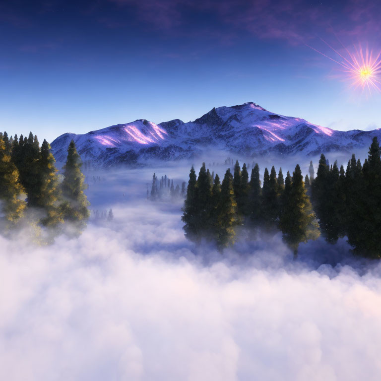 Snow-capped mountains, evergreen forest, fog, dawn sky, bright star