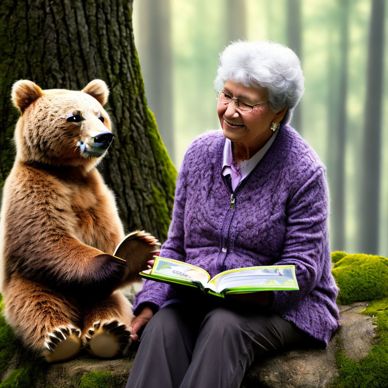 Elderly Woman Smiling with Bear Cub in Forest Reading Book