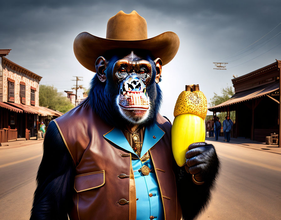 Stylized gorilla cowboy with banana gun in Wild West town