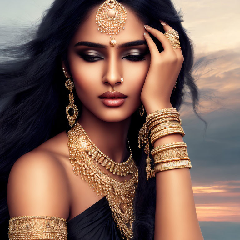 Golden Jewelry Adorned Woman Poses Against Sunset Sky