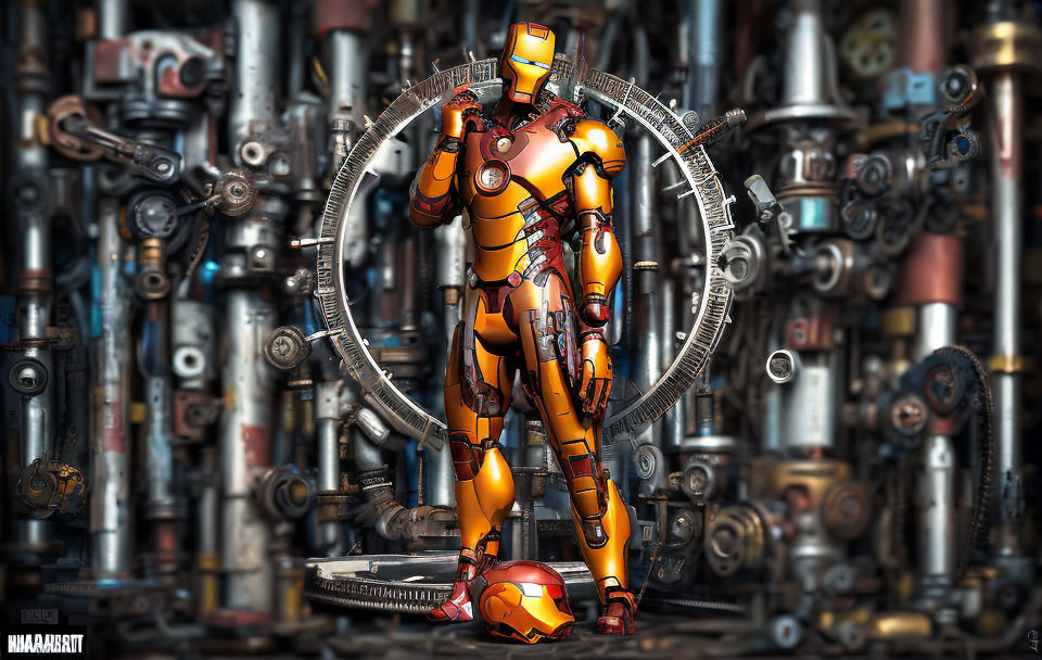 Detailed Iron Man Figure in Dynamic Pose with Mechanical Background