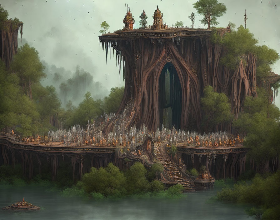 Fantasy tree city with bridges, river, and misty forest landscape