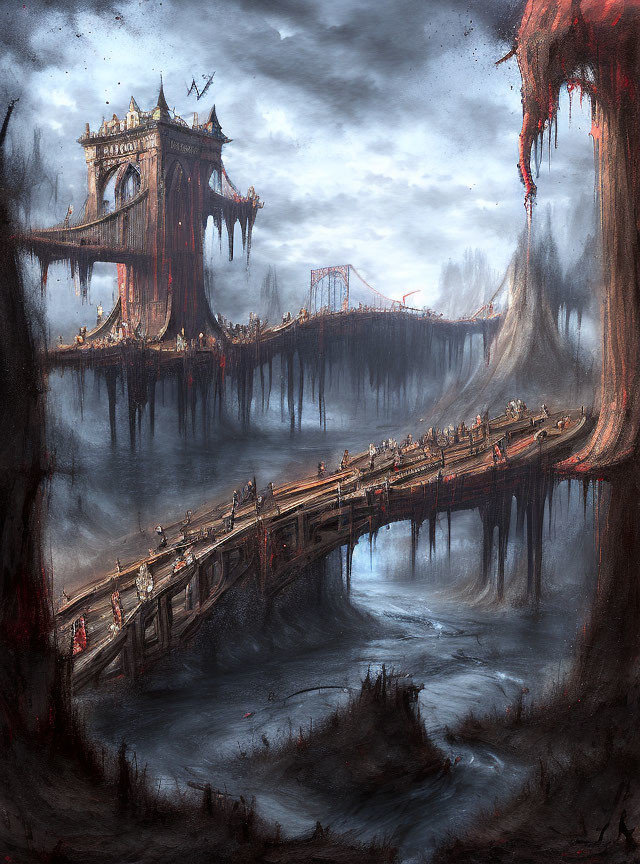 Dark Fantasy Landscape with Dilapidated Bridge, Figures Crossing, Foreboding Castle, and Gloomy