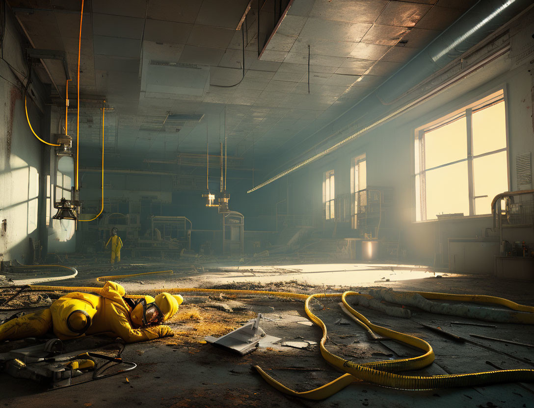 Desolate industrial interior with debris, cables, and hazmat-suited figure