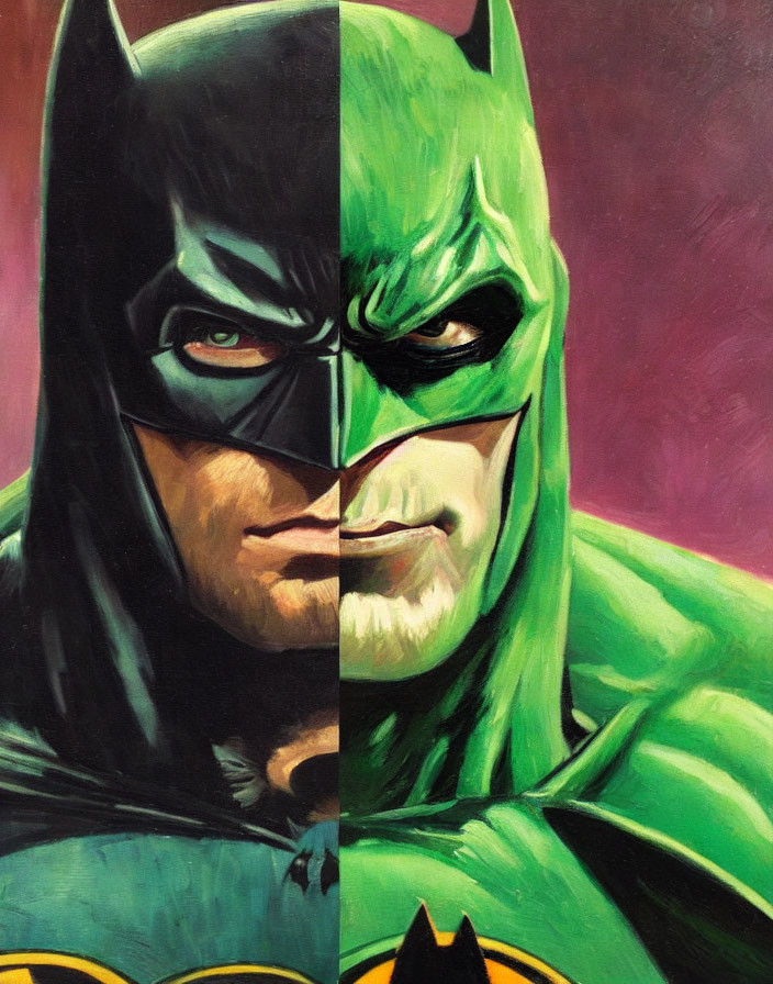 Dual Batman interpretations on split canvas: classic black and gray vs. vibrant green tones.
