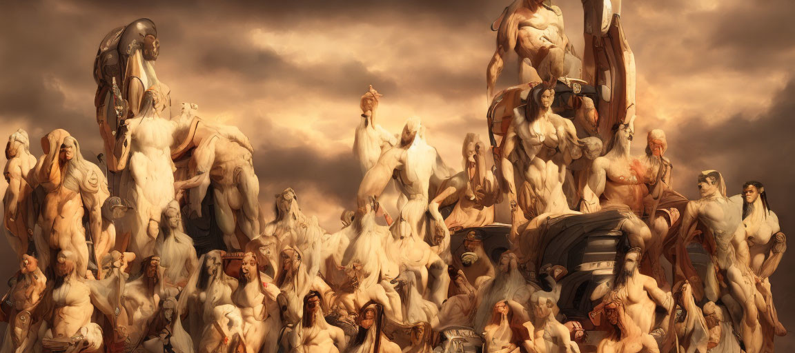 Muscular humanoid figures in dramatic mythical scene among clouds