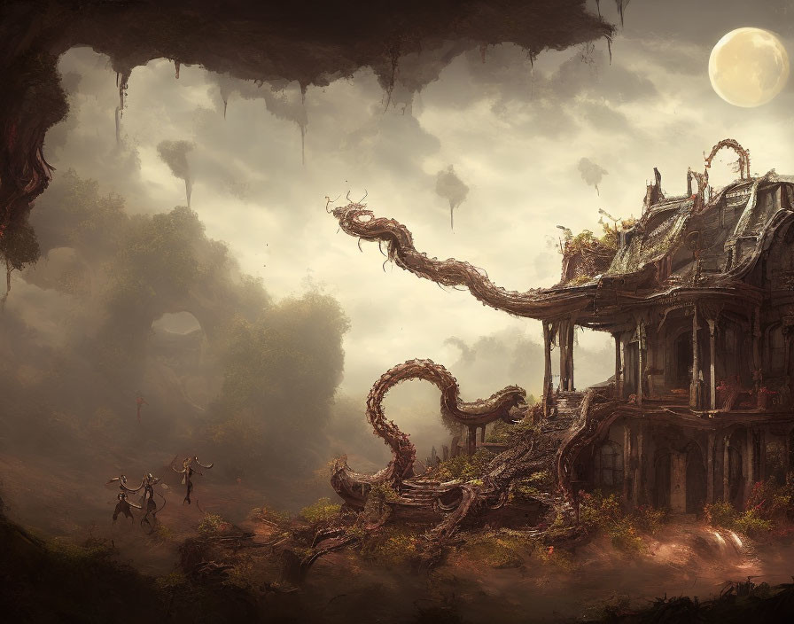 Overgrown mansion and giant tree in fantasy landscape