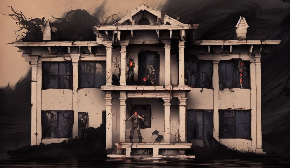 Abandoned mansion submerged in water with eerie figures and armed person.