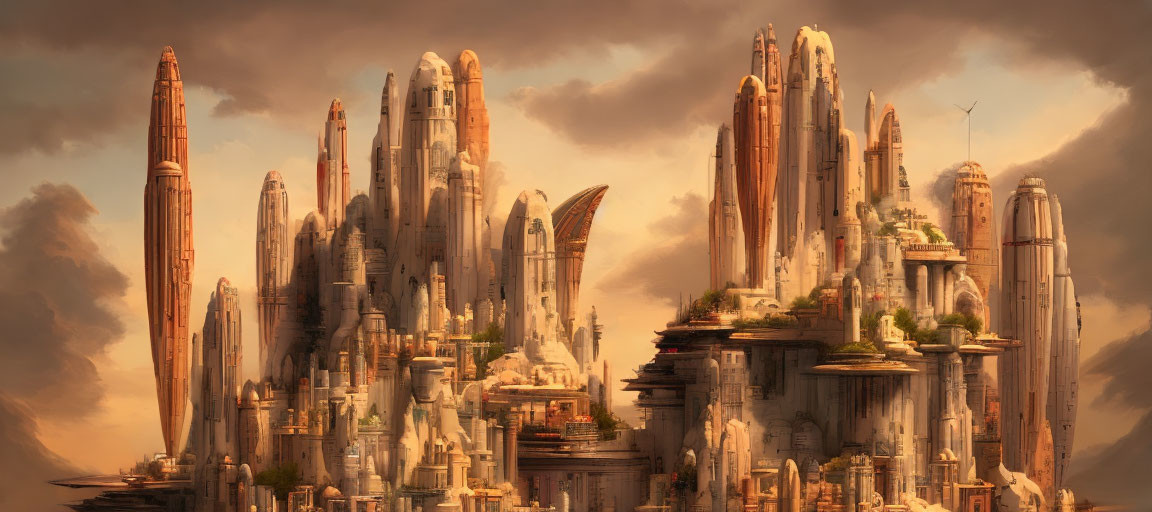 Fantastical city with towering spires on rugged cliffs at sunset