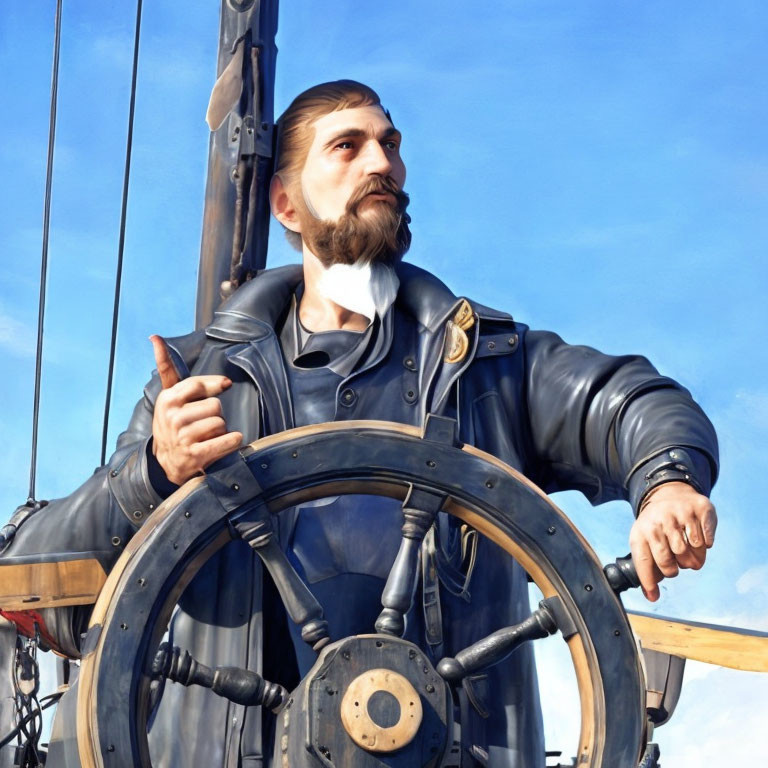 Bearded sea captain steering ship's wheel under blue sky