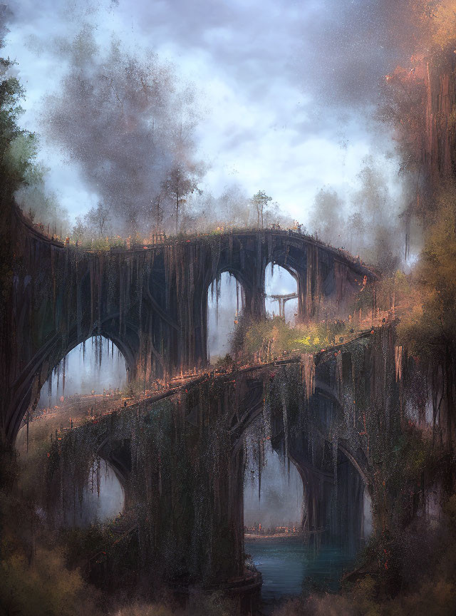 Mystical city backdrop behind ancient lush bridge