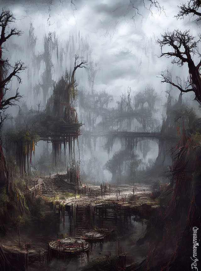 Eerie swamp landscape with twisted trees and old structures