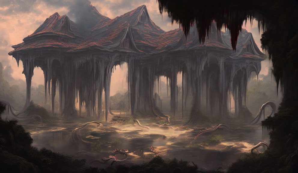 Misty forest with alien-like trees and serene swamp landscape