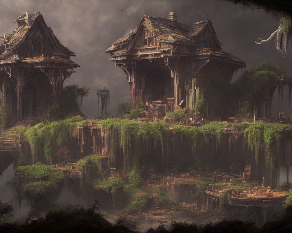 Ancient overgrown temples in ruins on lush cliff with fog.