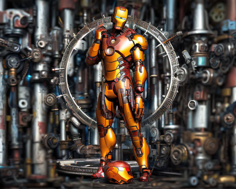 Detailed Iron Man Figure in Dynamic Pose with Mechanical Background