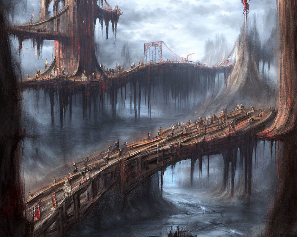 Dark Fantasy Landscape with Dilapidated Bridge, Figures Crossing, Foreboding Castle, and Gloomy