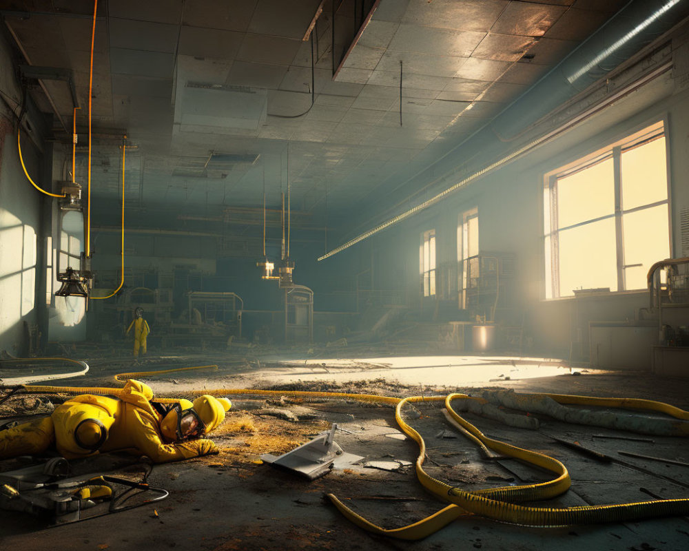 Desolate industrial interior with debris, cables, and hazmat-suited figure