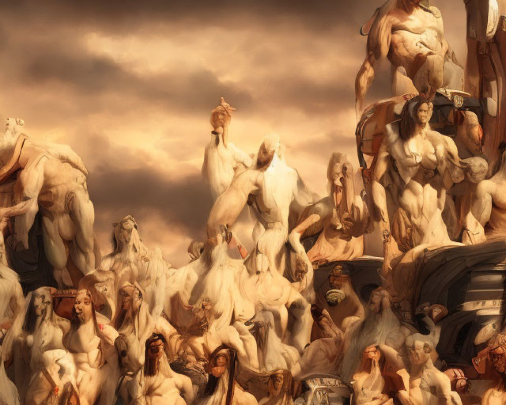 Muscular humanoid figures in dramatic mythical scene among clouds